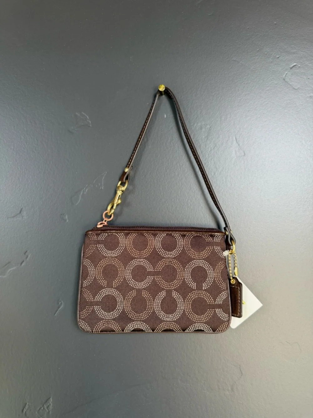 NWT Coach Madison Dotted Op Art Wristlet 44443 Mahogany Brown Jacquard Y2K